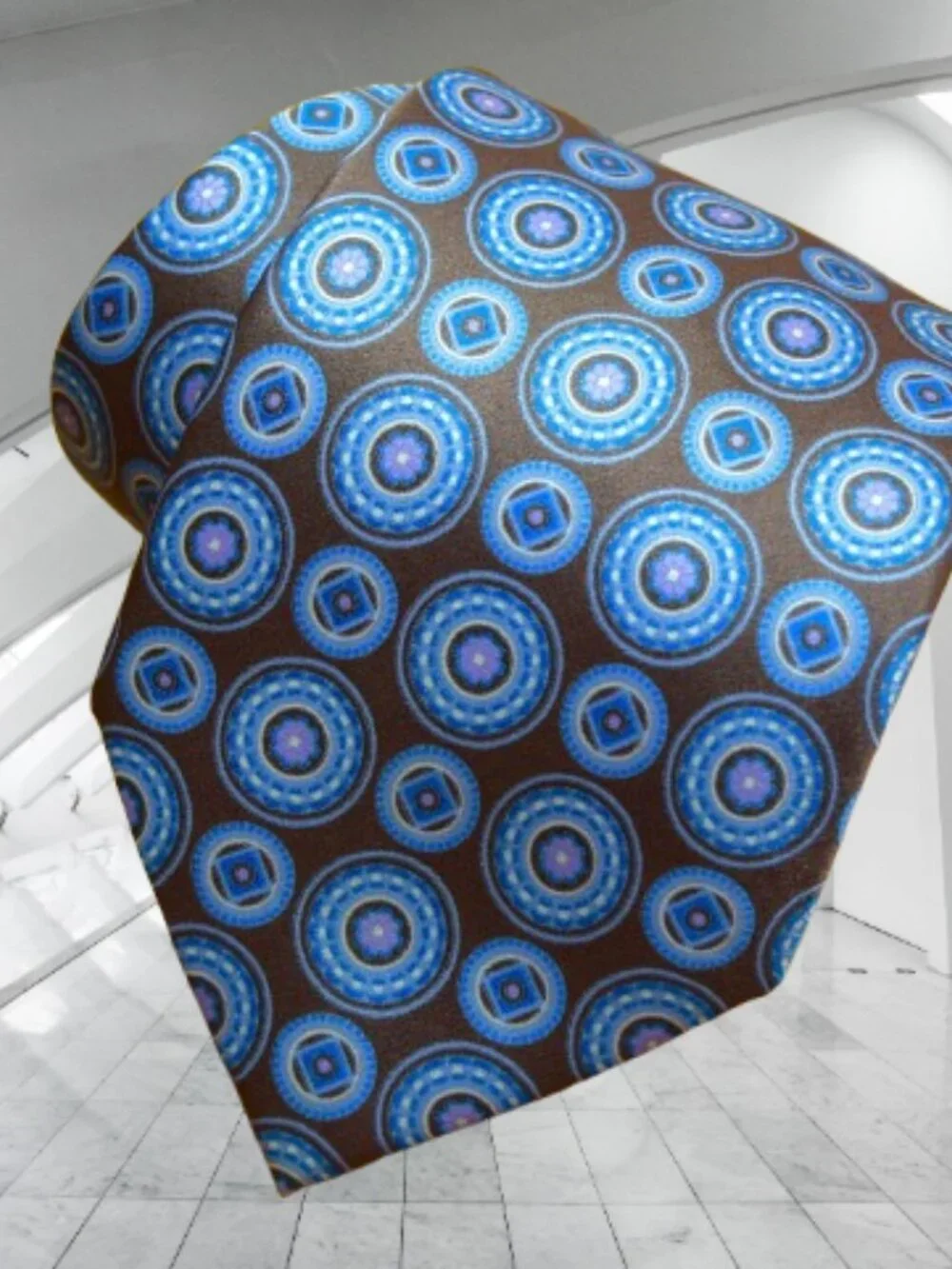 $840 BRIONI Brown Aqua Blue Geometric Medallion Handmade Italy Silk Neck Tie XL